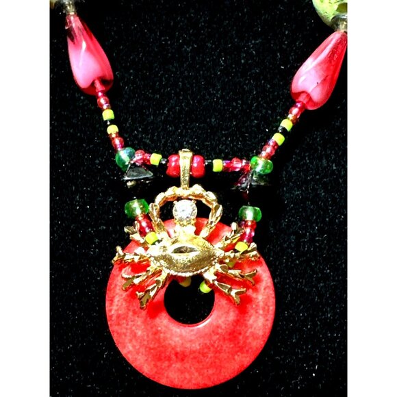 Vintage Exotic Boho Crab Red Jade Necklace 10k Gold Filled Bead CZ Pink Green - Picture 4 of 9